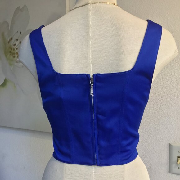 GUESS Corset Bustier Crop Top Wide Straps Square Neck Lined Zip Back Blue XS - Picture 7 of 8